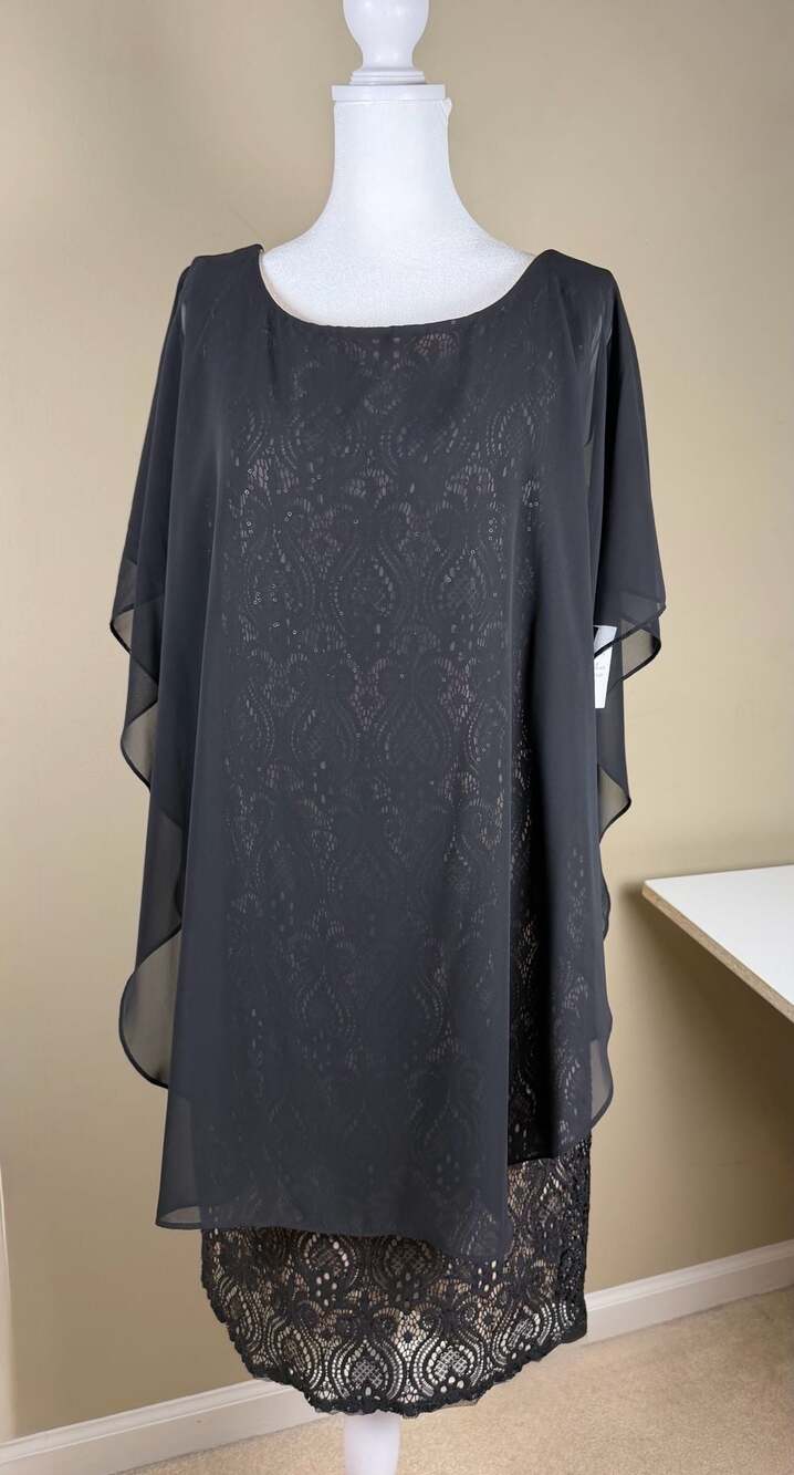 R&M Richards 9621 Dress NWT Black Lace Sequin Capelet David’s Bridal Size 12